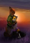  anthro canine cat clothed clothing disney duo feline female fox fully_clothed hug latex_(artist) male mammal nick_wilde sunset zootopia 