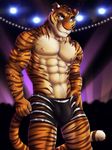  abs anthro biceps blue_eyes brown_fur bulge clothed clothing disney dream_and_nightmare feline fur hi_res looking_at_viewer male mammal muscular night_(dream_and_nightmare) nipples orange_fur pecs pink_nose shorts skimpy smile solo stripper_tiger_(zootopia) teeth tiger topless white_fur zootopia 