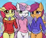  2015 anthro apple_bloom_(mlp) blush bottomless clothed clothing colored condom condom_in_mouth cub cutie_mark_crusaders_(mlp) earth_pony equine fearingfun female friendship_is_magic fur group hair hands_behind_back hi_res horn horse mammal multicolored_hair my_little_pony navel one_eye_closed pegasus pony purple_hair pussy scootaloo_(mlp) smile sweetie_belle_(mlp) two_tone_hair unicorn wings young 