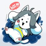  anthro black_eyes black_hair bottomless canine cat clothed clothing dog feline female fur grey_hair hair hybrid lying mammal monster on_back open_mouth paws solo tem temmie_(undertale) undertale video_games white_fur ぽわいと 