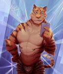  abs anthro biceps big_muscles black_fur blue_eyes brown_fur bulge cellphone claws clothed clothing disney feline fur hi_res looking_at_viewer male mammal muscular muscular_male nateesilnppalingal neck_tuft orange_fur pecs phone selfie shorts smile solo standing stripes stripper_tiger_(zootopia) tiger tongue tongue_out topless tuft white_fur zootopia 