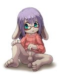  4_toes 5_fingers balls blue_eyes blush bottomless brown_fur clothed clothing cub erection eyewear fur girly glasses hair humanoid_penis lagomorph male mammal partially_retracted_foreskin penis precum purple_hair rabbit simple_background sitting small_penis solo toes uncut yojoo young 