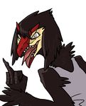  2016 anthro avian beak black_feathers black_scales clothed clothing feathers female grey_eyes middle_finger nevrean open_mouth reaction_image scales sharp_teeth shirt simple_background smile solo tank_top teeth tongue tongue_out trancy_mick white_background yung_yagili 