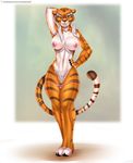  2015 anthro areola breasts claws clitoris clothed clothing doomthewolf feline female fur hand_behind_head hi_res kung_fu_panda mammal master_tigress muscular muscular_female navel nipples one_eye_closed orange_eyes orange_fur panties panties_down pussy raised_arm simple_background smile solo standing striped_fur stripes thigh_gap tiger toe_claws topless towel underwear whiskers white_fur wink 