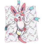  ambiguous_gender bed_sheet bedding big_ears blue_eyes bow_tie cute diaper eeveelution fangs fur hair_bow hair_ribbon happy nintendo one_eye_closed pawpads paws peeing pink_fur pok&eacute;ball pok&eacute;mon ribbons smile solo sylveon tongue unknown_artist urine video_games white_fur 