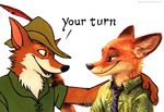  canine crossover dialogue disney duo fox fur hat kenket male mammal nick_wilde orange_fur robin_hood zootopia 