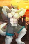  abs anthro biceps big_muscles blue_eyes claws clothed clothing cum discordnight dog_tags fur grey_fur grey_hair hair hands_behind_head hi_res looking_at_viewer male muscular pecs sergal shorts smile solo standing teeth toe_claws topless ursofofinho white_fur 