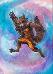  abstract_background absurd_res antennae anthro armor barefoot claws disney fangs fur guardians_of_the_galaxy gun hi_res mammal raccoon ranged_weapon rocket_raccoon solo tin-tower_(artist) weapon 