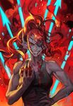  2016 anthro breasts clothed clothing eye_patch eyewear fangs female fire fish food fruit furymanura grin hair hi_res long_hair looking_at_viewer marine muscular muscular_female red_hair sauce sharp_teeth solo teeth tomato undertale undyne video_games yellow_eyes 