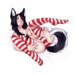  animal_humanoid balls black_hair blue_eyes butt canine clothed clothing dog dog_humanoid girly hair hair_over_eyes hi_res human humanoid legwear long_hair magicalzombie male mammal nipples pose smile solo spread_legs spreading thigh_highs tongue tongue_out topless underwear 
