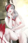  2016 anthro blue_eyes breasts canine clothed clothing digital_media_(artwork) female fluffy_tail fur grey_hair hair headphones hi_res jeanwoof looking_at_viewer mammal nipples nude pink_nose pussy smile solo standing topless white_fur wolf 