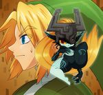  blonde_hair blue_eyes breasts duo featureless_breasts featureless_crotch female hair hat helmet humanoid hylian link midna nintendo not_furry orange_hair red_eyes smile sssonic2 sweat sweatdrop the_legend_of_zelda twili twilight_princess video_games yellow_sclera 