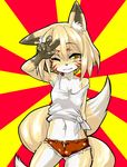  breasts camel_toe canine clothing denim_shorts female fox mammal multi_tail navel one_eye_closed open_pants raised_arm raised_shirt shorts simple_background small_breasts smile solo v_sign white_shirt wink yellow_eyes young 鬼い 