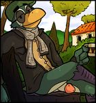  anthro avian beak bird border bottomless circumcised clothed clothing crossed_legs eyewear flaccid giovanni_da_milano headgear house humanoid_penis jacket kaisertaylorproducts landscape looking_at_viewer male penis pinup pose reclining scarf side_view sitting solo sunglasses teacup tree vest 