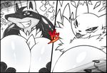  2016 absurd_res anthro big_breasts black_sclera breasts claws cleavage clothed clothing crossover digimon duo female grin hi_res huge_breasts line_art lucario neck_tuft nintendo pok&eacute;mon renamon tuft video_games walter_sache 