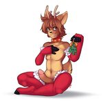  anthro antlers bell brown_eyes brown_hair cervine christmas clothing collar elbow_gloves erection gloves hair hi_res holidays horn legwear magicalzombie male mammal mistletoe nude penis plant pose reindeer smile solo thigh_highs 