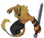  5_fingers abs anthro biceps blonde_hair claws clothed clothing digimon feline fur hair leomon lion mammal mane melee_weapon muscular nipples pecs regentshaw sword topless weapon 