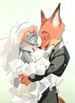  blush bride canine couple cute disney duo eyelashes eyes_closed female fox fur green_eyes grey_fur groom interspecies judy_hopps lagomorph male mameal369 mammal nick_wilde orange_fur predator/prey_relations rabbit size_difference wedding zootopia 