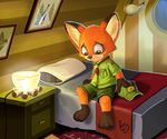  2016 anthro bed cab cabin camp canine child clothing cub_scout disney fox fur green_eyes hat lamp male mammal nick_wilde panda_paco sad solo young zootopia 