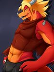  abs anthro athletic bulge clothing drum_(buddyfight) drum_bunker_dragon future_card_buddyfight hands_on_hips horn licking licking_lips male naughty_face navel nurinaki open_mouth pinup pose scalie sharp_teeth side_view signature standing teeth tight_clothing tongue tongue_out 