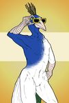  anthro avian beak bird blue_feathers crest dogscavenger eyewear feathers glasses hi_res male navel nude peacock_feather peafowl pose solo standing talons white_feathers 