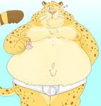 &lt;3 benjamin_clawhauser blush bulge cheetah clothed clothing disney doughnut feline food hi_res male mammal navel overweight solo swampstomper topless underwear zootopia 