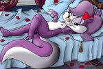  anthro bed belly big_tail breasts cum cum_on_breasts cum_on_hand erect_nipples eye_contact eyelashes female fifi_la_fume fluffy_tail hair hair_bow hair_ribbon hi_res looking_at_viewer lying mammal mustelid nipples nude on_back pillow pink_nose pose purple_hair reclining ribbons rose_petals skunk small_breasts smile solo tiny_toon_adventures tooners warner_brothers window 