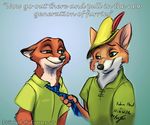  anthro blue_eyes canine clothed clothing crossover disney duo eosfoxx feathers fox fur green_eyes hat loose_feather male male/male mammal necktie nick_wilde orange_fur robin_hood robin_hood_(disney) simple_background smile tuft white_fur zootopia 