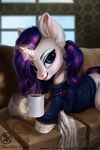  2016 beverage blue_eyes clothing coffee equine eyeshadow female feral food friendship_is_magic fur glowing hair hi_res horn inner_ear_fluff inside levitation looking_at_viewer magic makeup mammal my_little_pony obpony purple_hair rarity_(mlp) smile sofa solo sweater unicorn white_fur window 