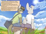  anthro butt cat clothed clothing cloud comic duo english_text faf feline grass green_eyes house lagomorph male mammal outside rabbit sitting sky suitcase sun text 