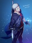  artist_name blue_jacket blue_rose_(gun) copyright_name dated devil_breaker devil_may_cry devil_may_cry_5 feet_out_of_frame grey_hair hand_on_hip jacket kuren long_coat male_focus nero_(devil_may_cry) prosthesis prosthetic_arm short_hair solo sword weapon 