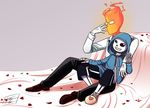  &lt;3 bed bone clothed clothing duo elemental feeling_up fire fire_elemental grillby hug lounging male not_furry sans_(undertale) skeleton undertale video_games 
