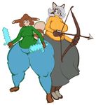  anthro arrow big_breasts blue_eyes bow_(weapon) breasts brown_fur brown_hair clothing curly_q duo female fur furret green_eyes grey_hair hair hi_res huge_hips keijimatsu lindsey_ranger_(teckworks) mammal melee_weapon nintendo pok&eacute;mon pok&eacute;morph raccoon ranged_weapon simple_background smile sweater sword tan_fur thick_thighs video_games weapon white_background wide_hips 