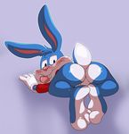  anthro anus backsack balls barefoot blush bottomless buckteeth buster_bunny butt clothed clothing cub hi_res jerseydevil lagomorph looking_at_viewer looking_back lying mammal naughty_face on_front perineum presenting presenting_hindquarters rabbit teeth tiny_toon_adventures tongue tongue_out warner_brothers young 