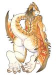  2016 anthro anthrofied anus areola bat_wings beak big_breasts big_butt blue_eyes breasts brown_hair butt capcom claws female flying_wyvern gold_rathian hair hi_res iggi kneeling long_hair looking_at_viewer looking_back membranous_wings monster_hunter nipples nude orange_scales pointy_ears pussy raised_tail rathian rear_view scales scalie side_boob simple_background solo spikes spots toe_claws video_games white_background white_scales wings wyvern 