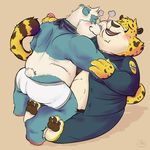  bear benjamin_clawhauser berrypowder blush cheetah clothed clothing cuddling disney duo exhale feline hi_res male mammal neckerchief open_shirt overweight panda police topless underwear uniform zootopia 