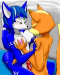  blue_fur blush breast_grab breast_suck breasts canine chameloshi couple duo erection eyes_closed female fox fox_mccloud fur green_eyes hand_on_breast hi_res holding_breast jewelry krystal lactating male male/female mammal nintendo nipples nude orange_fur penis smile star_fox sucking video_games white_fur 