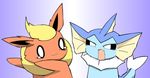  ambiguous_gender duo eeveelution fin flareon fur gradient_background nintendo orange_fur pok&eacute;mon retsuo simple_background vaporeon video_games yellow_fur 