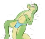  anthro clothed clothing crocodile crossdressing eyes_closed green_scales introductioninduction lying magra male on_back panties reptile scales scalie simple_background solo underwear white_background 