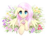  &lt;3 &lt;3_eyes 2016 equine female feral flower fluttershy_(mlp) friendship_is_magic hair hooves long_hair looking_at_viewer mammal mlpanon my_little_pony pegasus pink_hair plant smile solo wings 