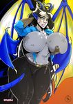  animal_humanoid big_breasts black_hair blue_eyes breast_grab breasts clothed clothing dragon dragon_humanoid female hair hand_on_breast hi_res horn huge_breasts humanoid membranous_wings open_shirt pointy_ears pose scales solo tight_clothing topless voluptuous wide_hips wings zedeki 
