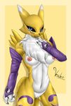  2016 absurd_res anthro black_sclera blue_eyes breasts canine digimon facial_markings female fox fur hi_res looking_at_viewer mammal markings mostly_nude nipples open_mouth pussy pussy_juice renamon saliva simple_background slim solo teeth tongue tongue_out voider_(artist) white_fur yellow_background yellow_fur 