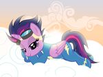  2015 absurd_res clothing cloud equine eyewear feathered_wings feathers female feral friendship_is_magic fur goggles hair hi_res horn looking_at_viewer lying mammal multicolored_hair my_little_pony nightmaremoons on_side outside purple_eyes purple_feathers purple_fur sky smile solo twilight_sparkle_(mlp) uniform winged_unicorn wings 