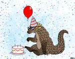  2016 ballon cake claws confetti dave_(edfdarkangel1) dave_the_pangolin eyewear feral food hat hi_res male mammal pangolin ratte simple_background sitting solo sunglasses toe_claws 