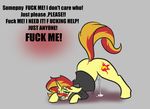  2016 alorix ass_up blush clenched_teeth clothed clothing cutie_mark dialogue dripping english_text equestria_girls equine female feral green_eyes hair horn in_heat mammal multicolored_hair my_little_pony partially_clothed pussy_juice raised_tail shirt simple_background solo sunset_shimmer_(eg) teeth text two_tone_hair unicorn 