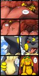  absurd_res avian bird black_fur black_hair black_nose blonde_hair border chest_tuft comic eeveelution english_text eyewear flying fur goggles hair hi_res hybrid kuroodod macro male multicolored_fur nintendo one_eye_closed outside pikachu pok&eacute;mon raichu red_sclera sharp_teeth size_difference speech_bubble teeth text tongue tongue_out tuft two_tone_fur umbreon video_games vore yellow_fur 