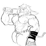  &lt;3 abs anthro beard biceps black_lips clothed clothing demondragoncyan digimon facial_hair feline hi_res invalid_tag lemon lion looking_at_viewer male mammal mane melee_weapon monochrome muscular nipples pecs sword topless weapon 