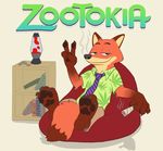  2015 3_toes anthro bean_bag book canine claws clothed clothing disney drugs fox half-closed_eyes hindpaw lamp lava_lamp leafdog looking_at_viewer male mammal marijuana necktie nick_wilde pawpads paws simple_background sitting smile smoke smoking solo text toe_claws toes v_sign white_background zootopia 