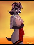  2016 anthro anthrofied beads blue_eyes breasts clothing disney female garter hair half-closed_eyes hi_res hyena jasiri_(tlg) jewelry looking_at_viewer mammal necklace nipples nude outside pose quarko-muon savannah shirt sky smile solo spots the_lion_guard the_lion_king yellow_sclera 