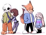  2016 animated_skeleton anthro black_nose bone boots brown_fur brown_hair canine clothed clothes_swap clothing coat coffeelsb crossover disney eyes_closed female flat_chested footwear fox fully_clothed fur grey_fur group hair hoodie human judy_hopps lagomorph long_ears male mammal monster necktie nick_wilde protagonist_(undertale) rabbit sandals sans_(undertale) short_hair simple_background skeleton smile undead undertale uniform vest video_games zootopia 